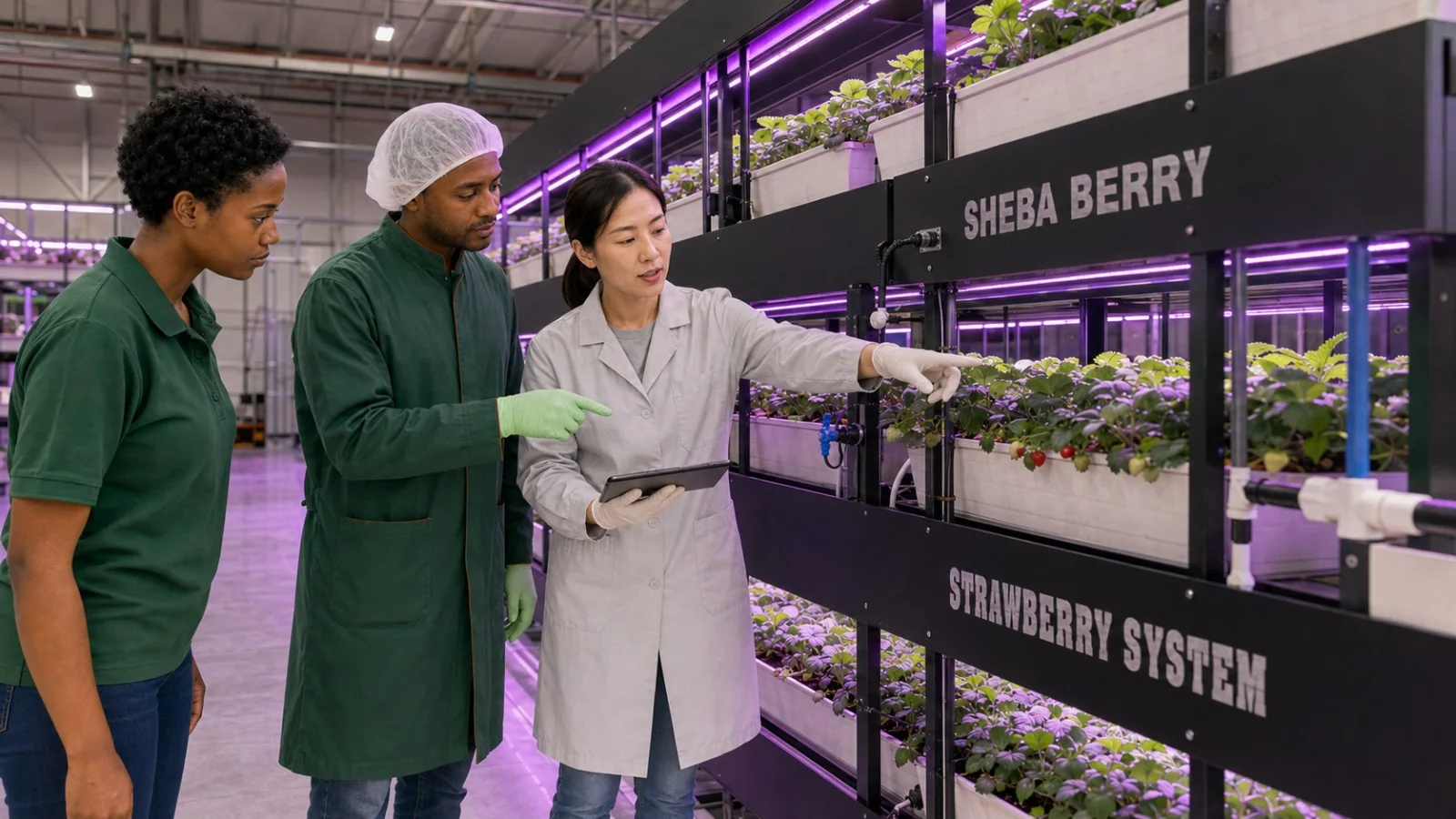 Sheba Berry growers and a plant scientist reviewing strawberry rows in the vertical farm